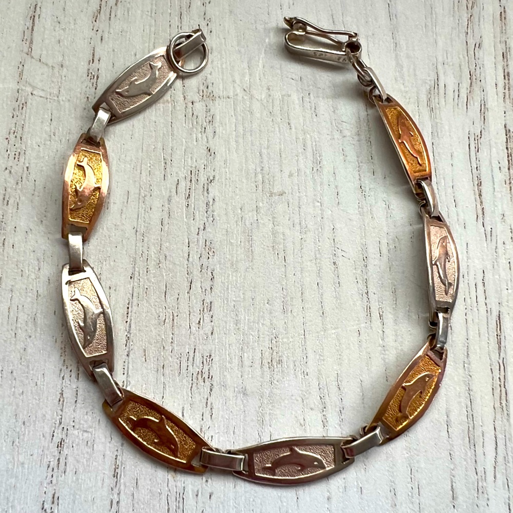 Vintage .925 Silver Etched Dolphin Link Bracelet Two Tone